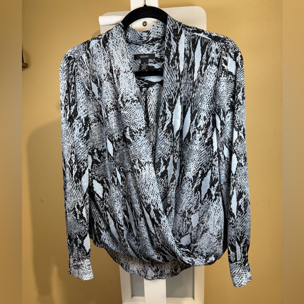 Alfani Gray and Black Wrap Blouse with Long Sleeves